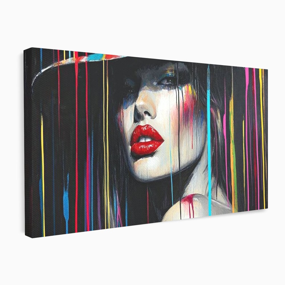 Tablou canvas cu tablou canvas cu portret de femeie si buze rosii, fara rama, pe sasiu de lemn